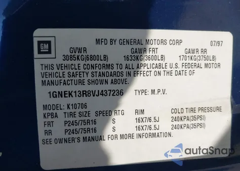 1997 Chevrolet Tahoe K1500 from USA, damaged, VIN 1GNEK13R8VJ437236